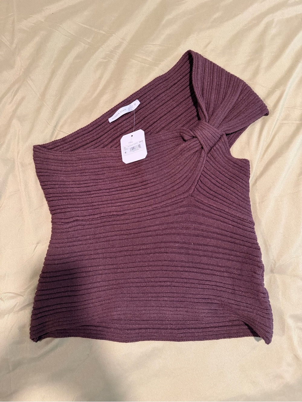 Ribbed One-Shoulder Knit Top - Brown